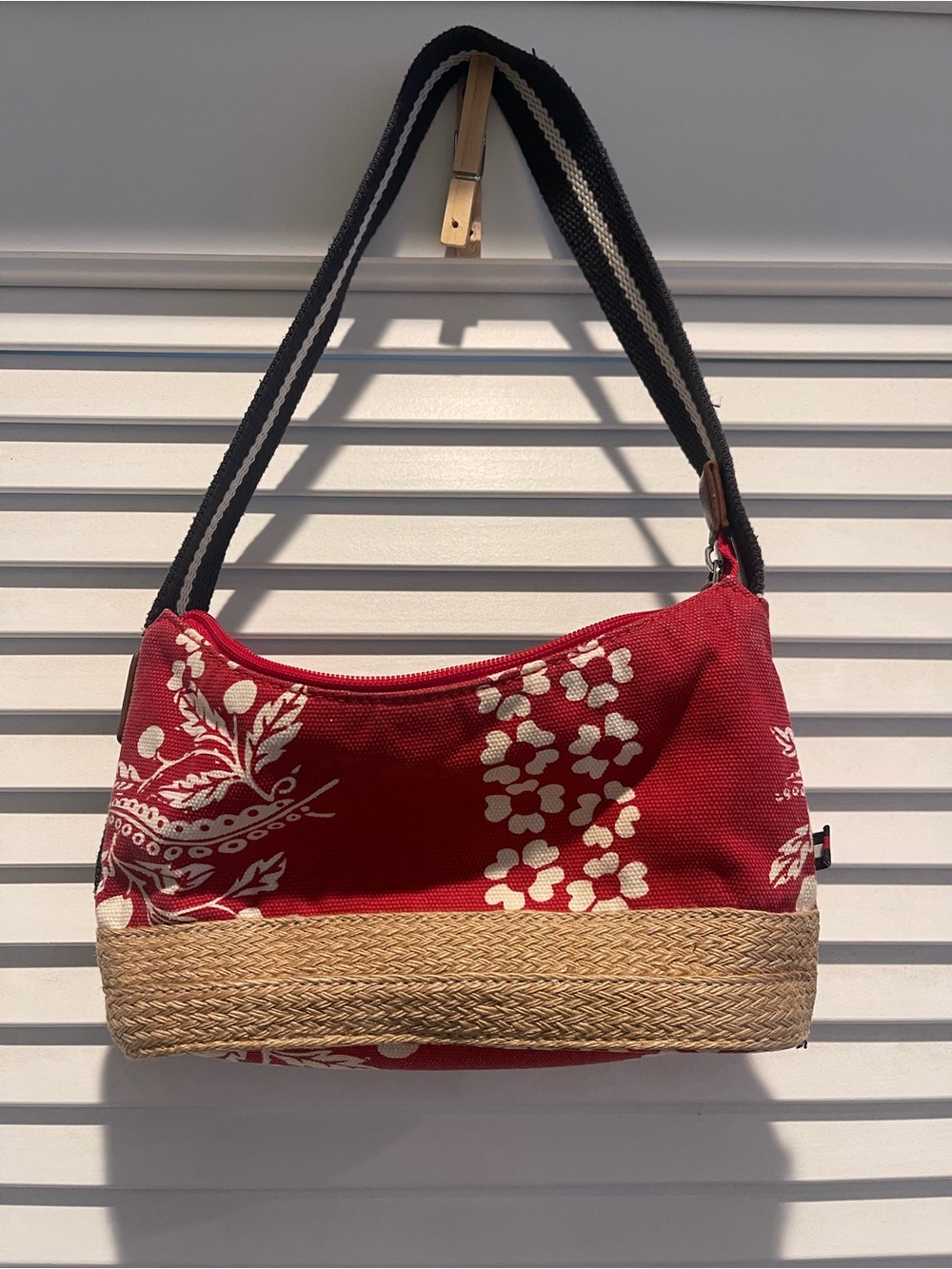 Tommy Hilfiger Red & White Floral Shoulder Bag with Straw Trim